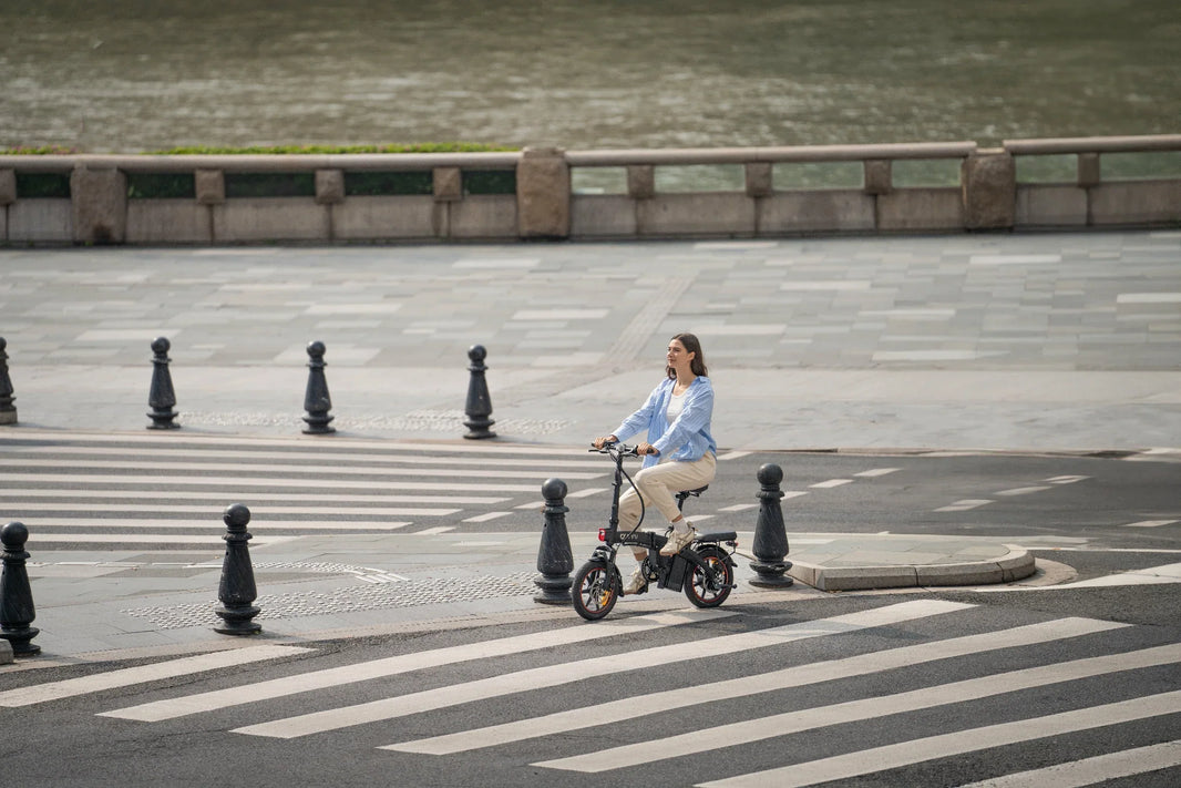 DYU A5 compact e-bike riding in an EU city security guide