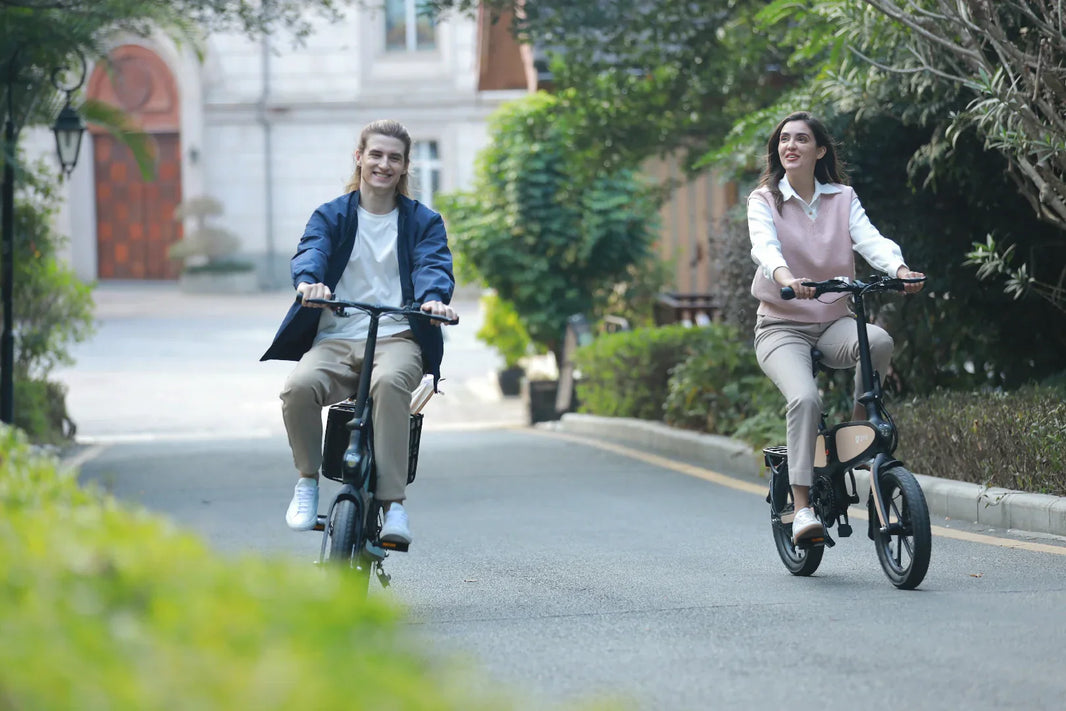 DYU C2 folding e-bike ridden on a European city street