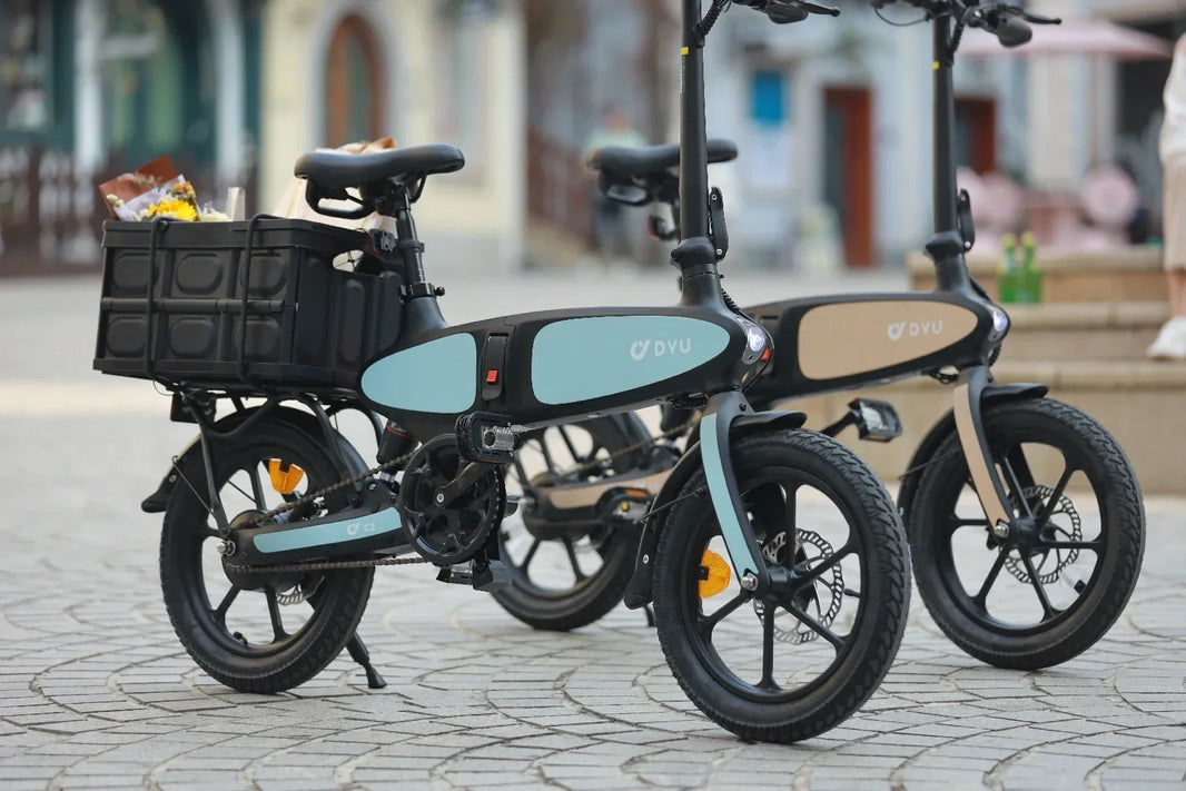 DYU C2 folding e-bike suspension guide in a European plaza
