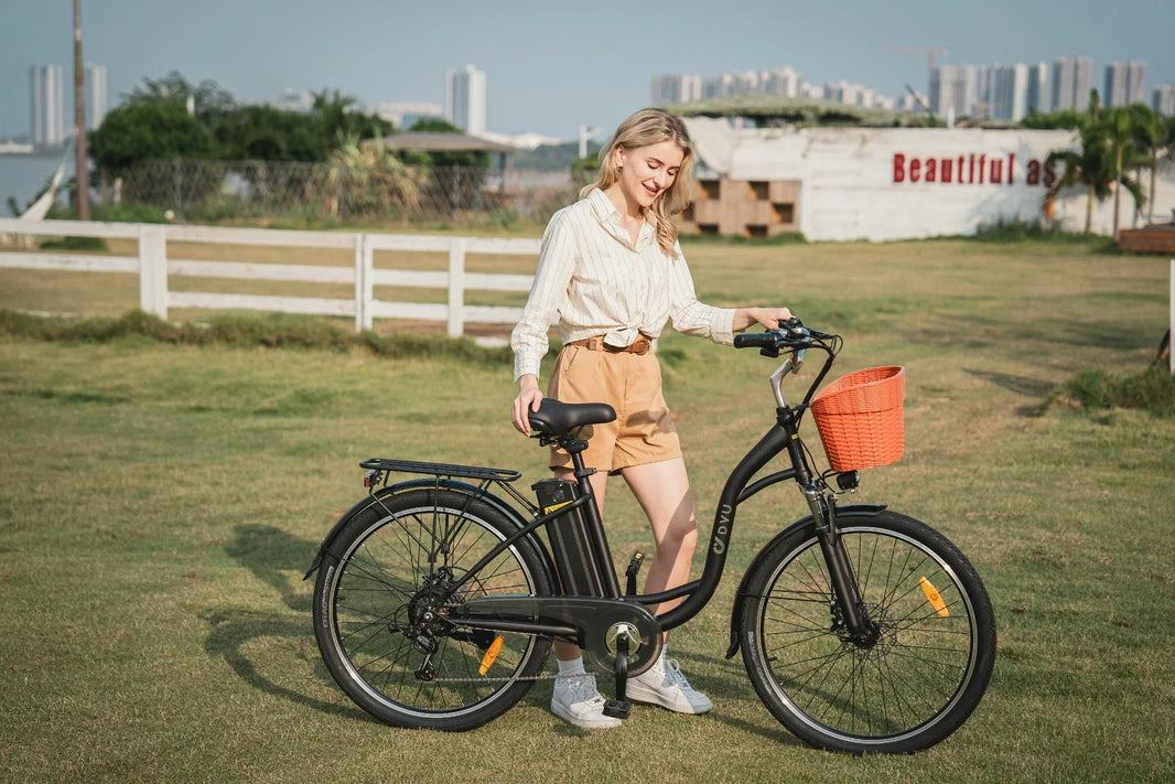 DYU C6 electric bike walking through an urban city setting