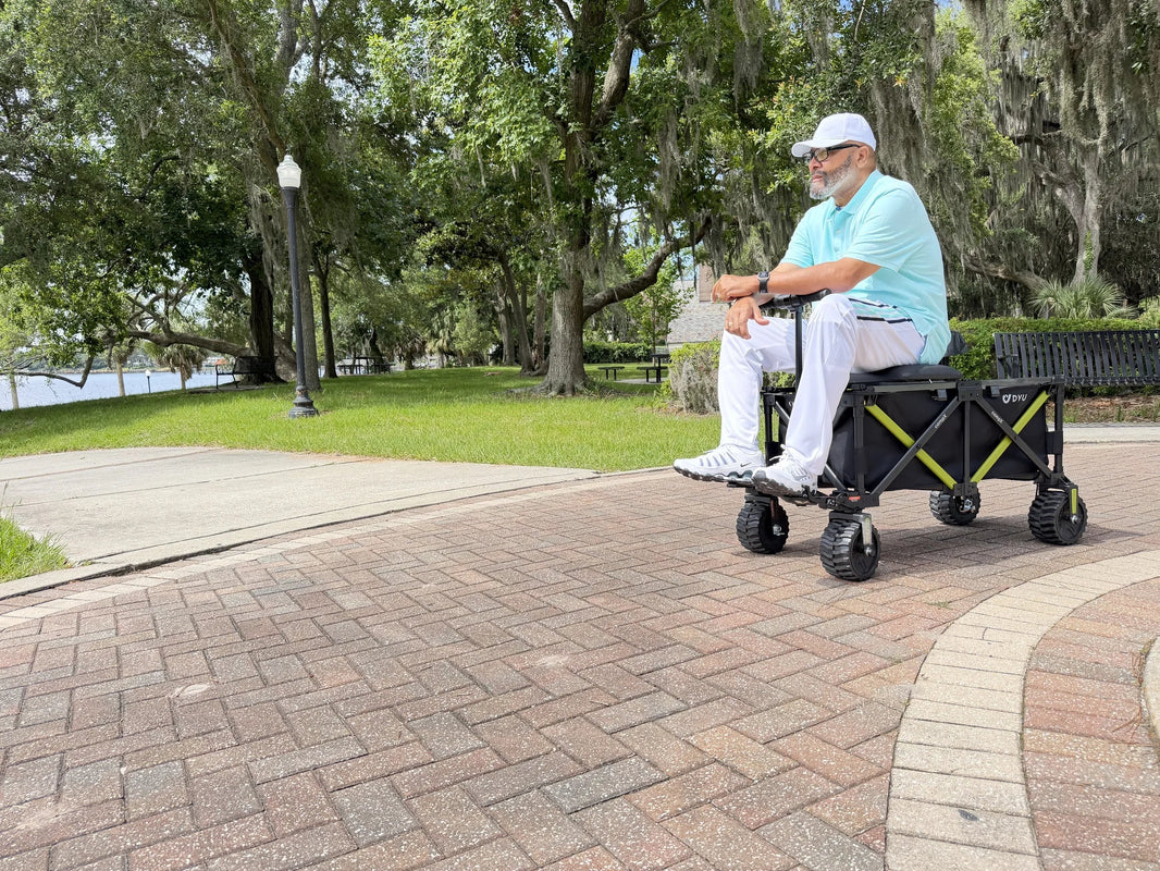 DYU campX electric wagon battery care Europe guide on a park path