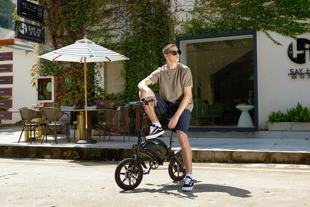 DYU D3F folding e-bike on a European street after a cleaning routine
