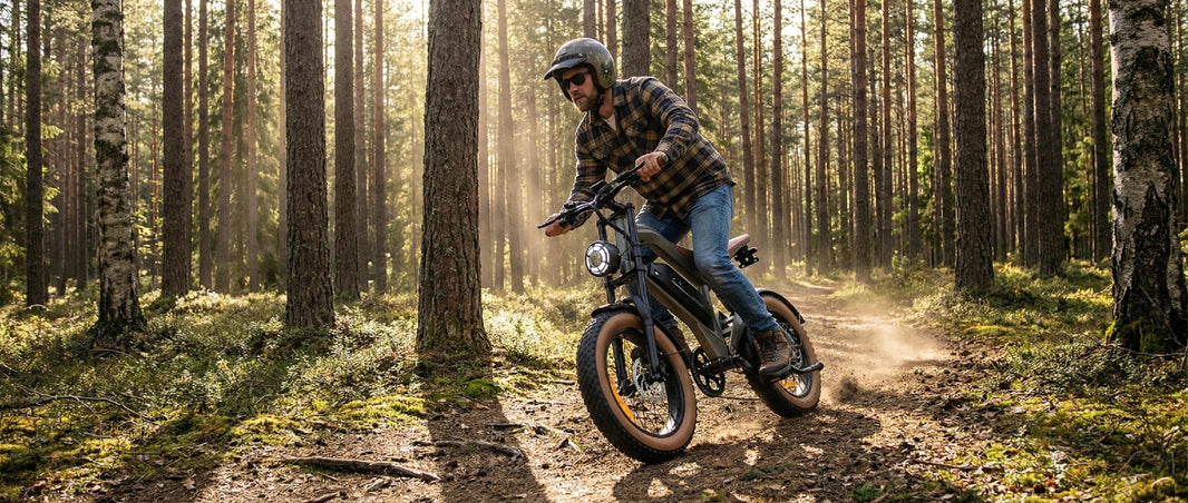 DYU M20 fat tire e-bike on a forest trail for a European hill start guide