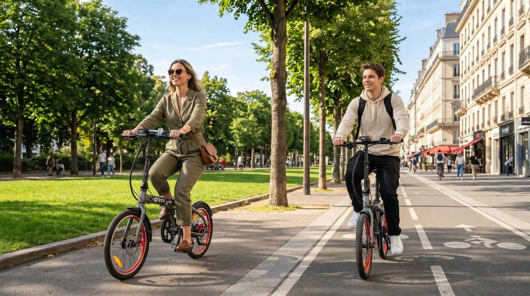 DYU SP1 folding e-bike ridden near an office route in Europe