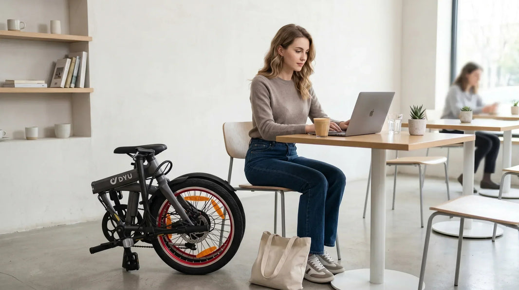 DYU SP1 power-bank e-bike charging guide in a cafe commute setting