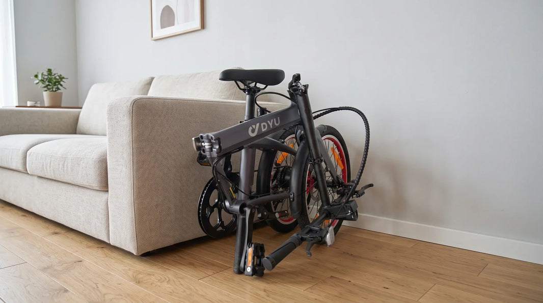 DYU SP1 folding e-bike stored neatly in a European apartment