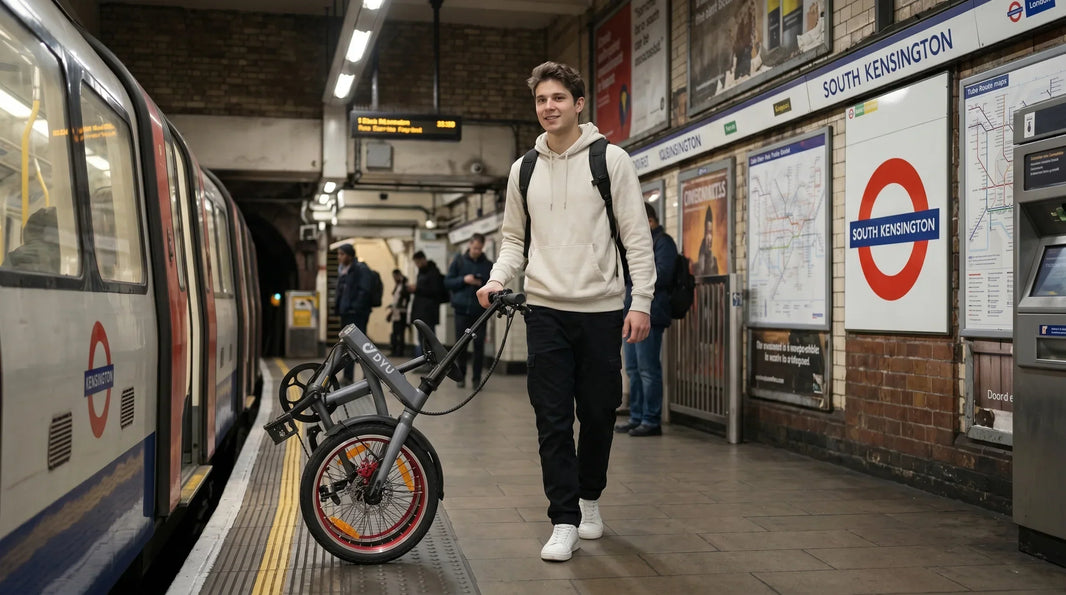DYU SP1 lightweight folding e-bike rolling on a station platform