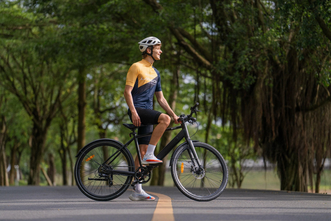 DYU Stroll 1 city e-bike on an avenue for night riding visibility planning