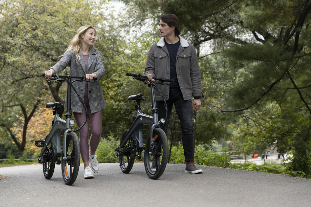 DYU T1 torque sensor e-bike riders on a European park path
