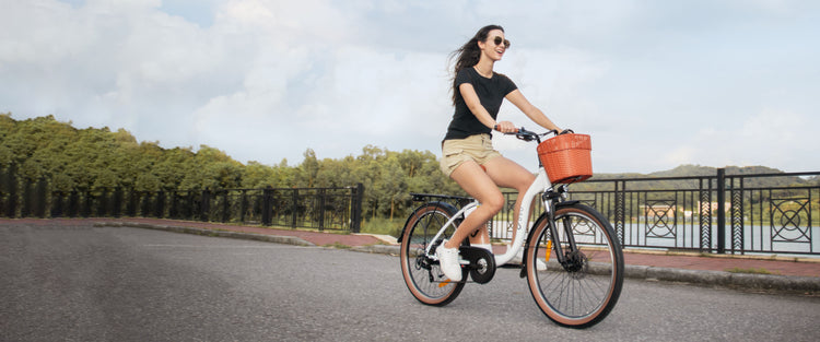 A fashionable woman riding a DYU C6 Pro urban commuter electric bicycle, thoughtfully designed for ultimate comfort and style.